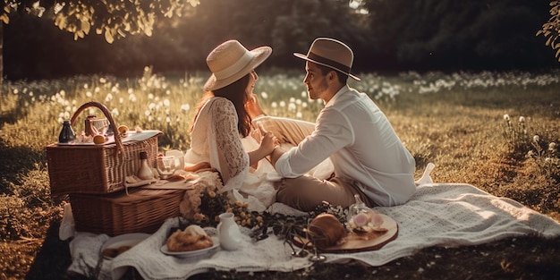 Pareja sujetando cesta de picnic