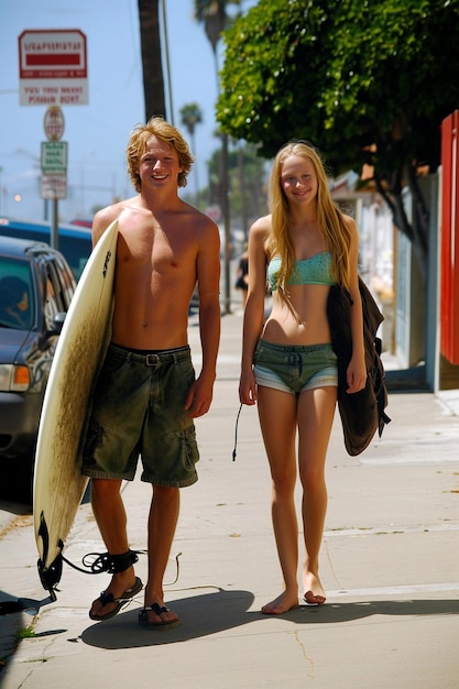 Una pareja de surfistas caminando por el paseo con su tabla de surf