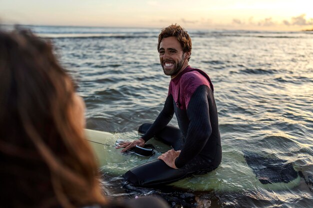 Una pareja de surfistas en tablas de surf sentados en el agua y preparándose para la aventura