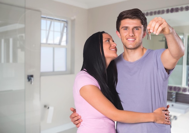 pareja, tenencia, clave, en, cuarto de baño