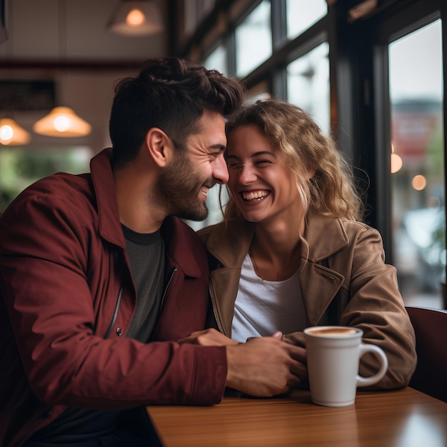 Una pareja tiene una cita romántica en una cafetería ocupada