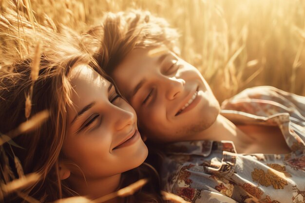 Una pareja tirada en un campo con los ojos cerrados y la palabra amor delante de ellos.