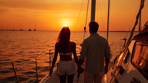 Una pareja tomados de la mano y caminando en un bote al atardecer.