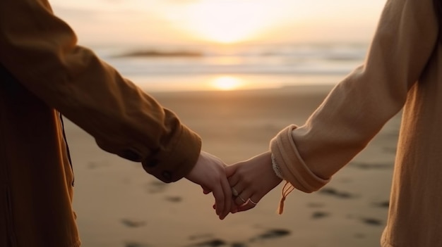 Pareja tomados de la mano en la playa al atardecer