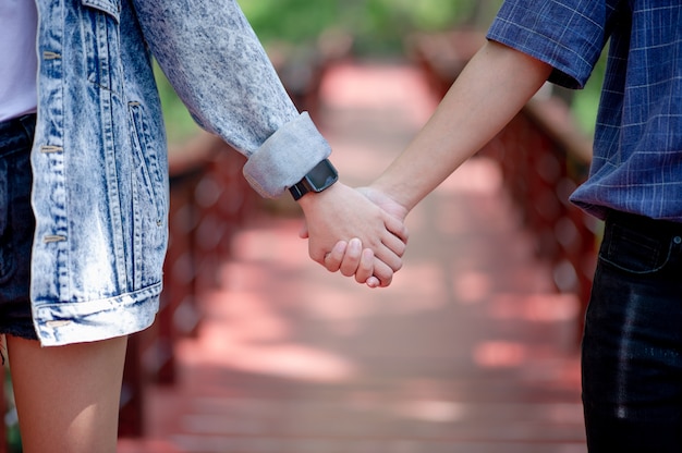 La pareja tomados de las manos muestra amor en el día del amor.