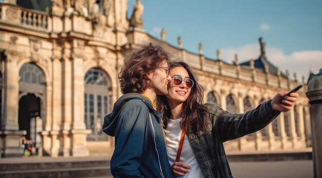 Una pareja tomando una foto de un edificio con un edificio al fondo