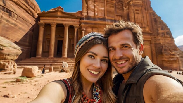 Foto una pareja tomando una foto frente a un edificio con la palabra templo en el fondo