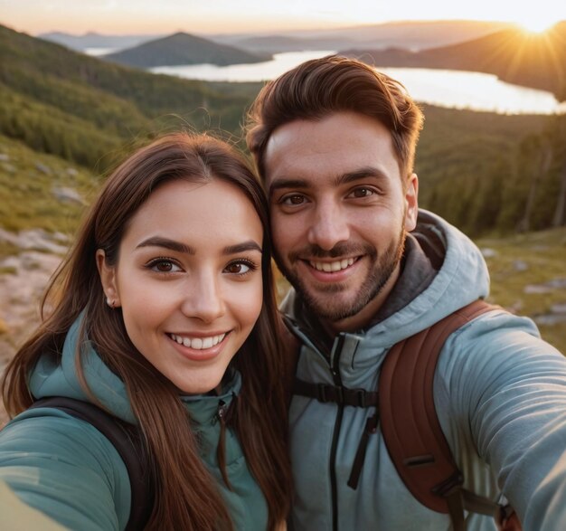 una pareja tomando una selfie con montañas en el fondo