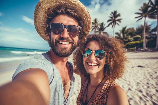 Una pareja tomando una selfie en la playa IA generativa