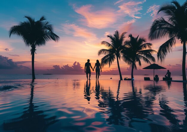 Una pareja tomándose de la mano y caminando a lo largo del borde de una piscina infinita al atardecer