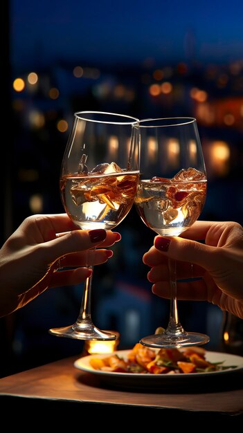 Una pareja tomándose de la mano en una mesa de cena para la puesta de sol día de la propuesta día de San Valentín