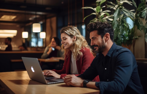 Una pareja trabajando en una computadora portátil en una mesa