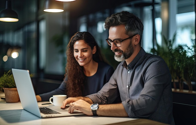 Una pareja trabajando juntos en una computadora portátil en una mesa