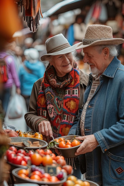 Una pareja de turistas mayores haciendo compras en un mercado callejero