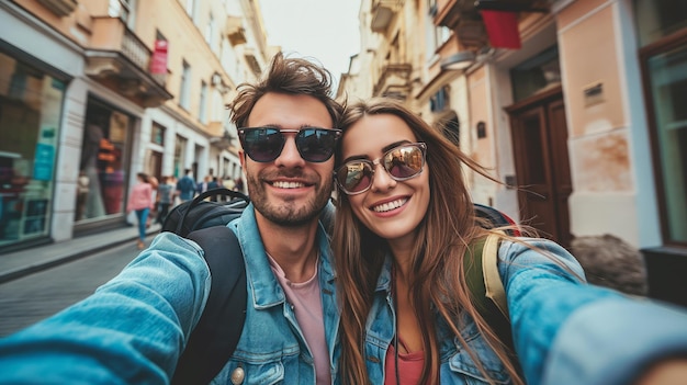 Pareja de turistas tomando una selfie en el medio de la ciudad durante las vacaciones Concepto de viaje