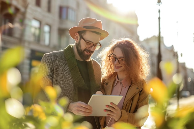 Una pareja usa una tableta en un entorno soleado con lente de luz