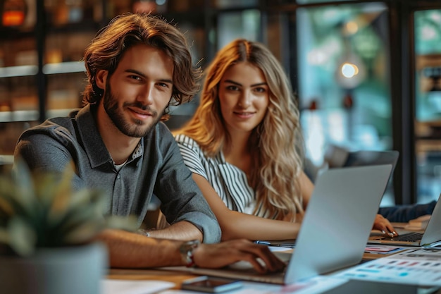 Una pareja usando una computadora en un lugar de trabajo