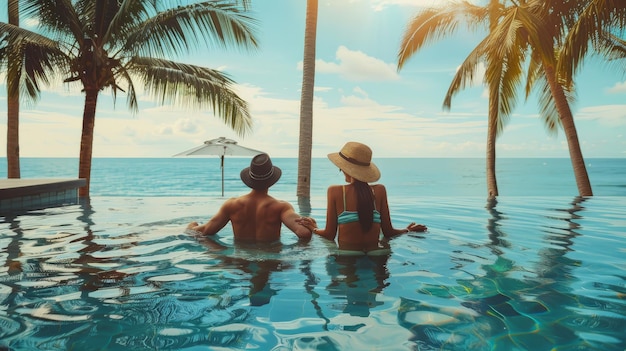 pareja de vacaciones en la playa cerca de la piscina viajes de lujo