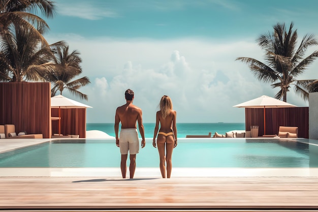 pareja de vacaciones en la playa cerca de la piscina viajes de lujo