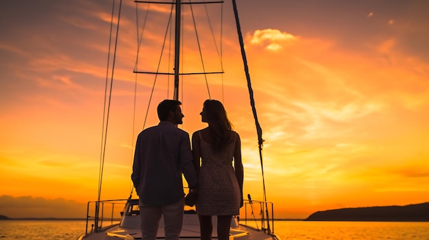 Una pareja en un velero con la puesta de sol de fondo.