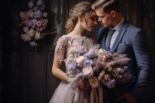 Una pareja con un vestido de novia con flores.