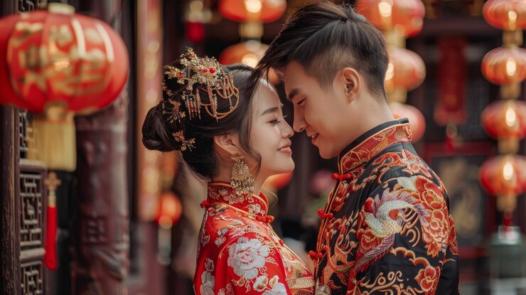 una pareja en vestido tradicional se besan frente a una linterna china