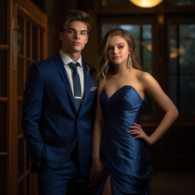 Una pareja con vestidos azules se para frente a una ventana.