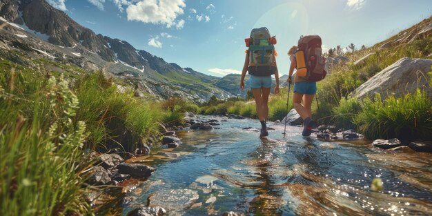 Una pareja viajando en mochila por un remoto desierto montañoso