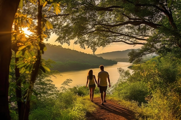 Una pareja de viajeros caminando por una hermosa isla tropical IA generativa