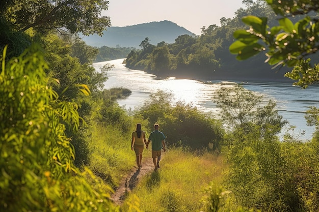 Una pareja de viajeros caminando por una hermosa isla tropical IA generativa