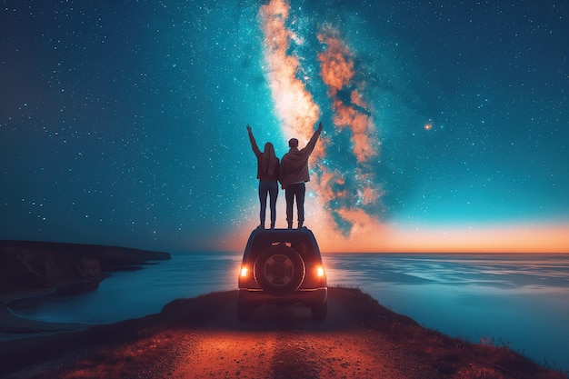 Foto pareja de viajeros felices en el amor se encuentra en el techo suv en el fondo de la noche cielo estrellado con la vía láctea en la parte superior de la montaña por encima del mar