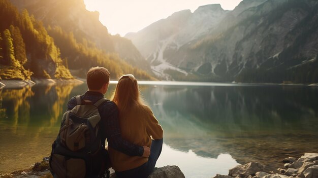 La pareja de viajeros mira el lago de montaña El concepto de viaje y vida activa con el equipo Generative AI