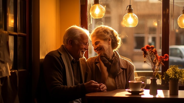 Una pareja vieja hace un movimiento romántico.