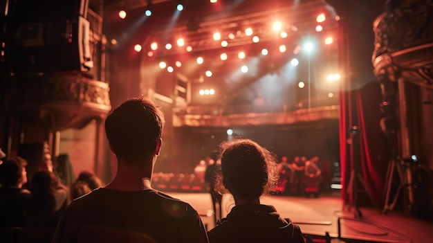 Foto una pareja está viendo una actuación teatral en vivo están sentados en la parte de atrás del teatro y el escenario está delante de ellos