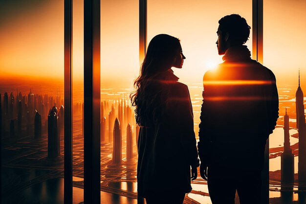 Una pareja viendo el amanecer desde lo alto del Burj Khalifa