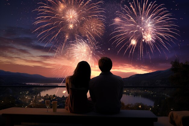 Una pareja viendo un espectacular castillo de fuegos artificiales 00067 01