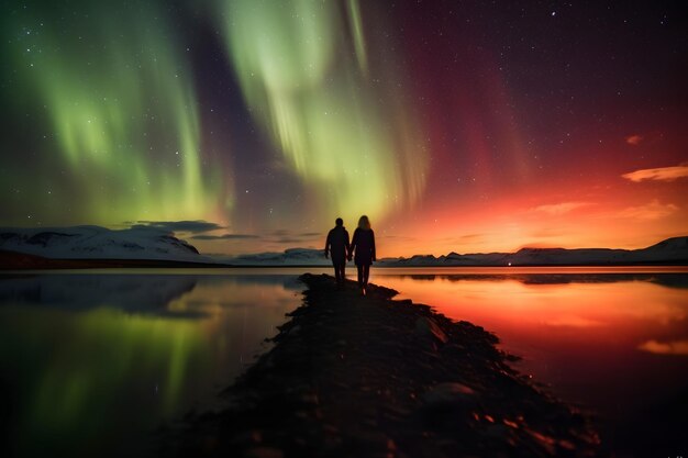 Una pareja viendo las luces del norte.