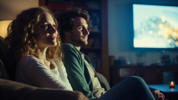 Una pareja viendo una película juntos en casa.