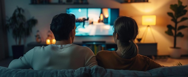una pareja viendo una televisión con las palabras el uno en la pantalla
