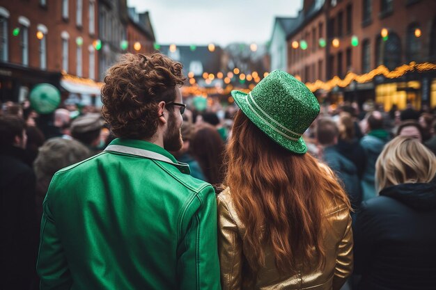 una pareja vista por detrás disfrazada para el día de San Patricio en una fiesta