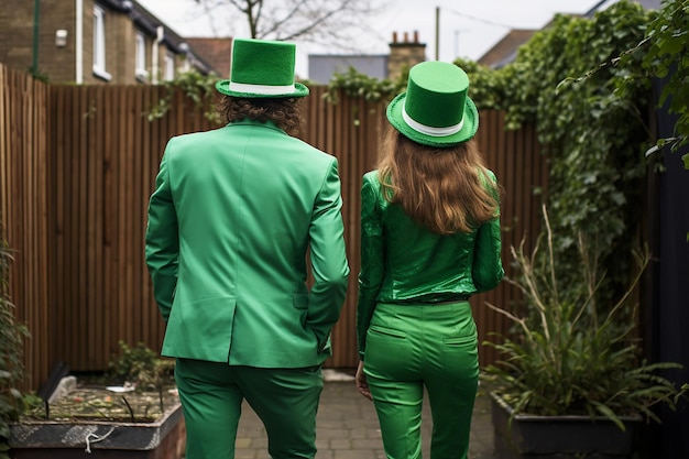 una pareja vista por detrás disfrazada para el día de San Patricio en una fiesta