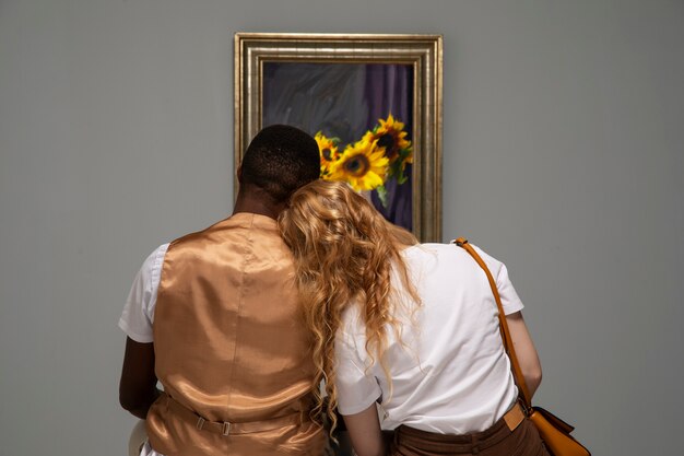 Foto pareja de vista trasera en la galería de arte