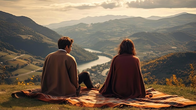 Pareja con vistas a la montaña sentada sobre una manta de picnic en un estilo relajante e introspectivo.