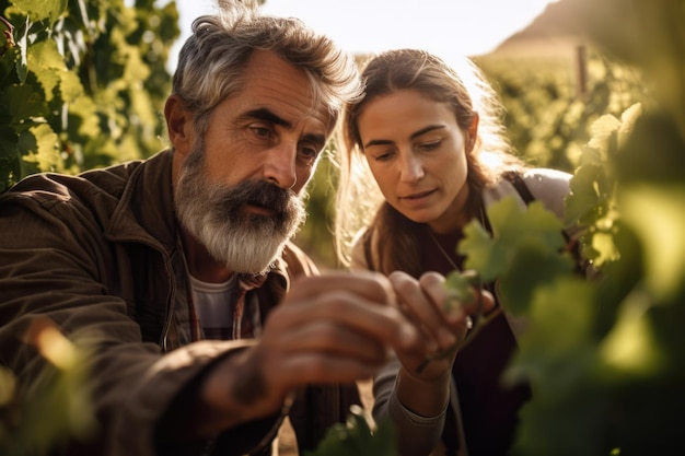Foto una pareja de viticultores recogiendo uvas mientras observan el crecimiento de la cosecha en el viñedo