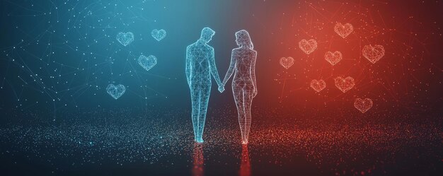 Una pareja de wireframe digital tomándose de la mano con formas de corazón en fondo rojo y azul