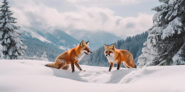 Pareja de zorros jugando en la nieve con pinos y una cadena montañosa de fondo IA generativa