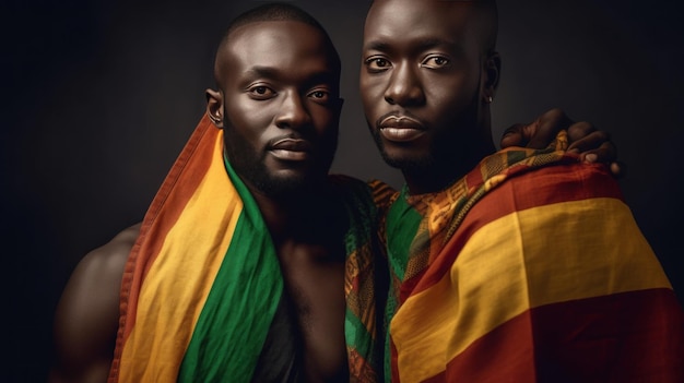 Foto parejas africanas masculinas lgbt con bandera del orgullo