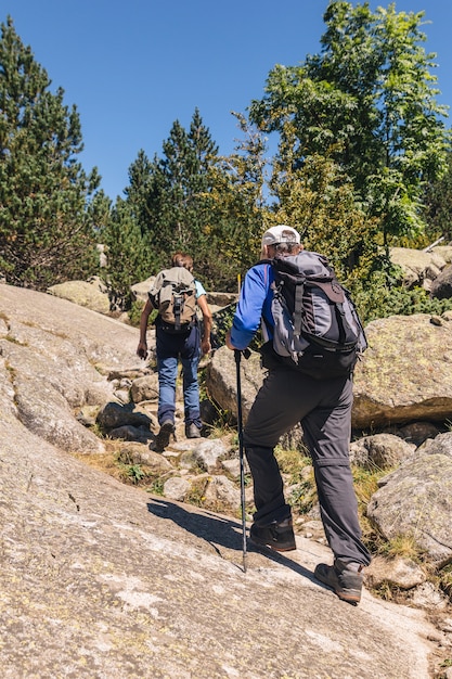 Las parejas ancianas subiendo la montaña juntos