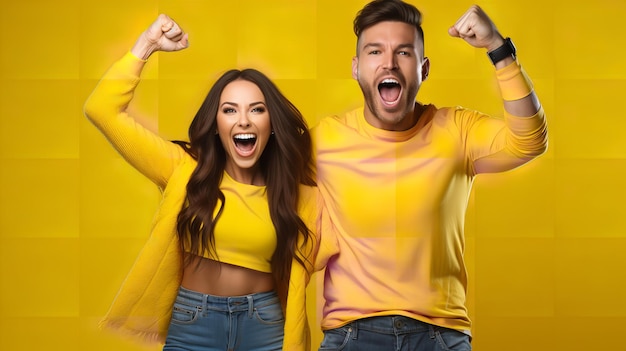 Parejas animando a su equipo de fútbol favorito mientras están vestidos casualmente en cuerpo completo en un fondo amarillo IA generativa