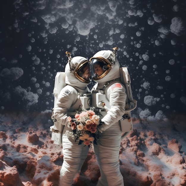 Parejas de astronautas entre flores